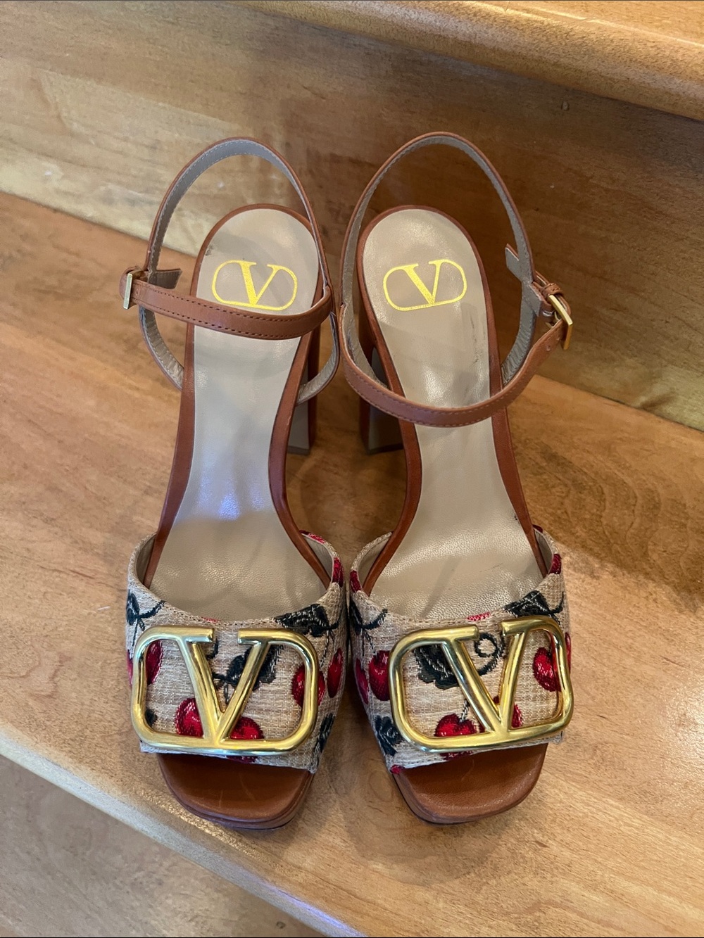 AUTH. Valentino Garavani Brown Leather Slingback Sandals w/ Red Cherry Embroider